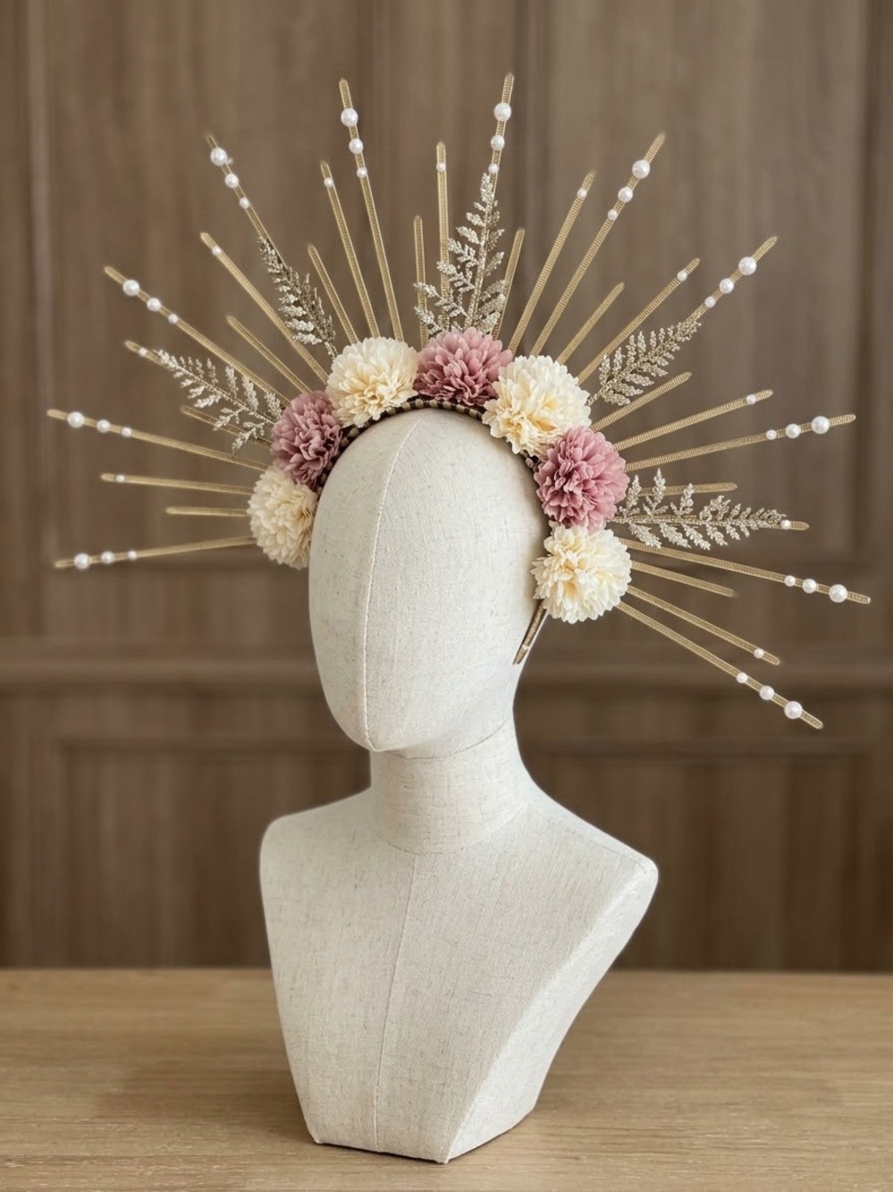 Decorative Floral Sunburst Headband - Cream & Dusty Rose